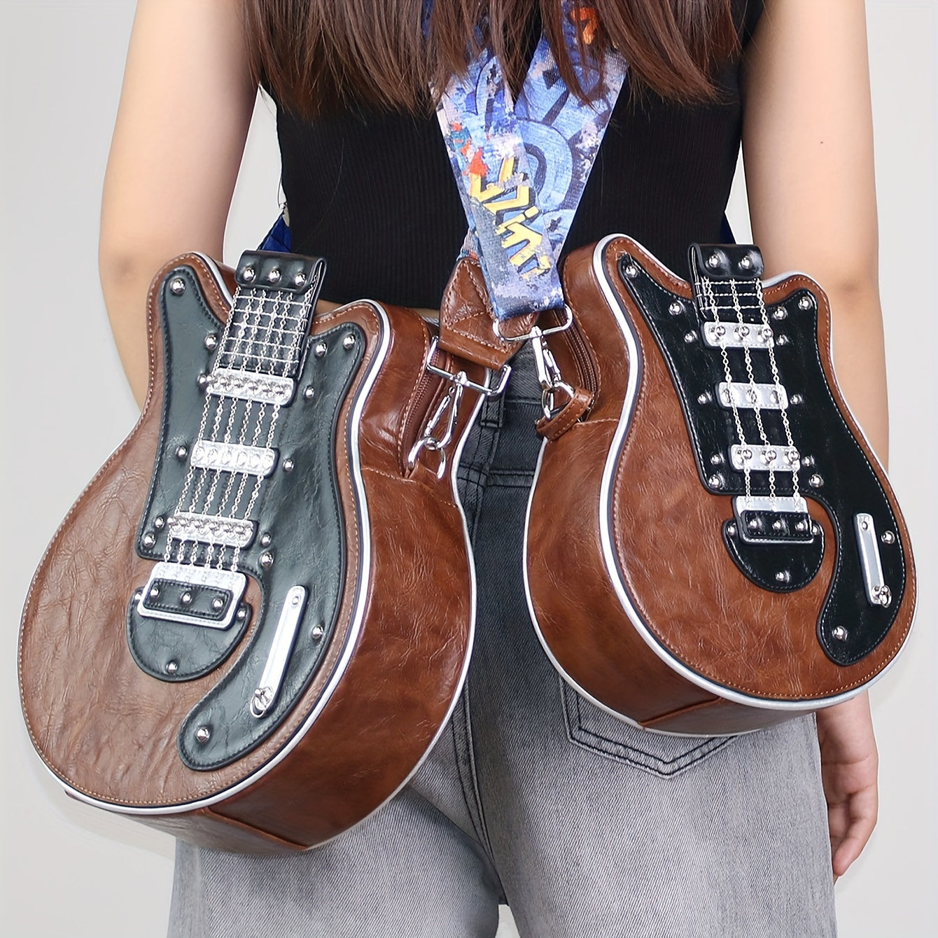 Vintage Guitar-Shaped Crossbody Bag - Stylish Y2K-Inspired Design, Trendy Chain Rivet Accents, Wide Adjustable Strap, Fashionable with Spacious Interior and Magnetic Closure