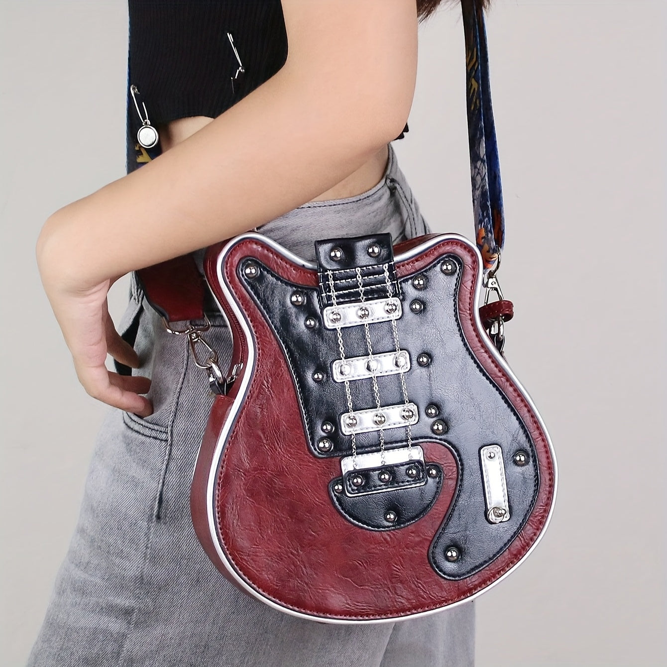 Vintage Guitar-Shaped Crossbody Bag - Stylish Y2K-Inspired Design, Trendy Chain Rivet Accents, Wide Adjustable Strap, Fashionable with Spacious Interior and Magnetic Closure