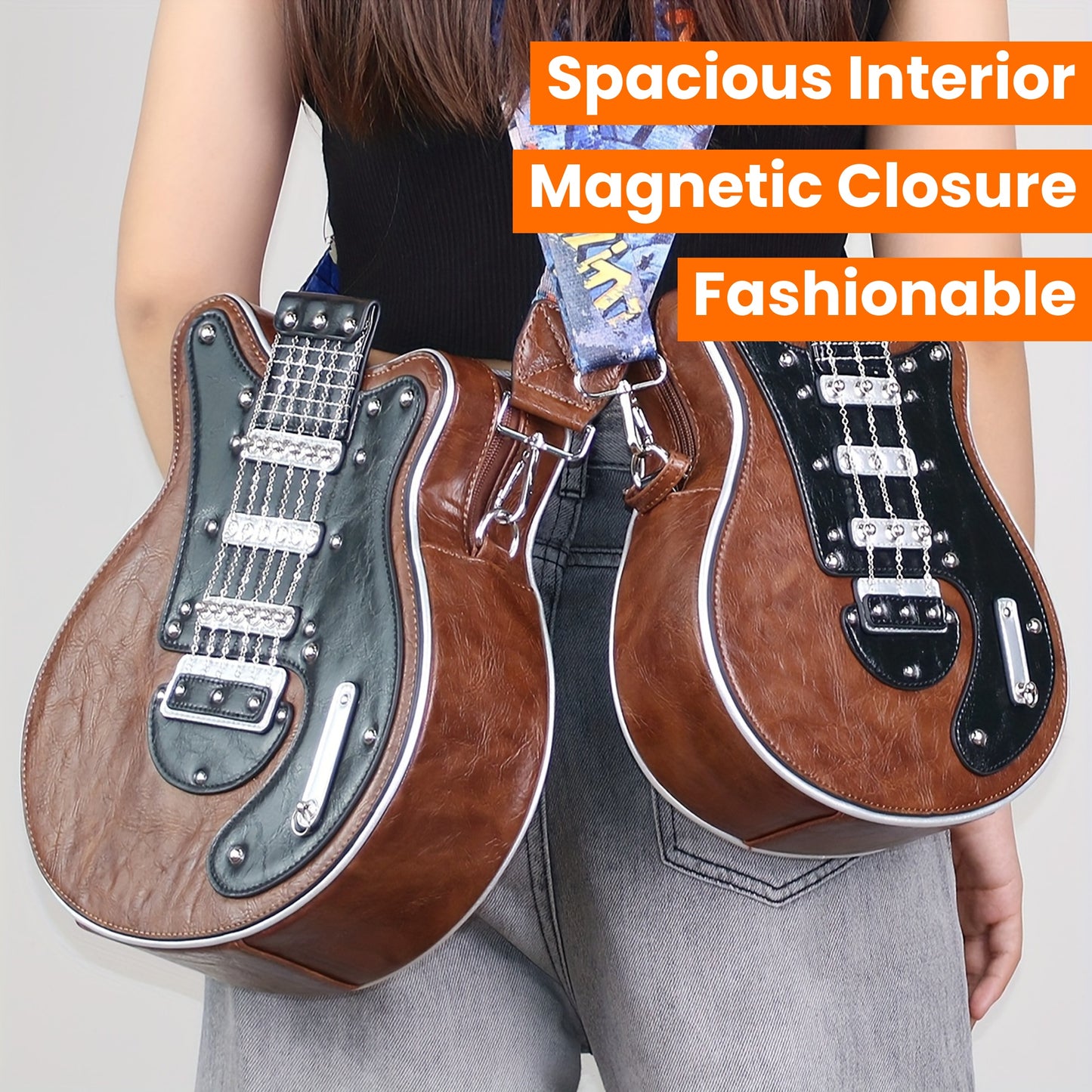Vintage Guitar-Shaped Crossbody Bag - Stylish Y2K-Inspired Design, Trendy Chain Rivet Accents, Wide Adjustable Strap, Fashionable with Spacious Interior and Magnetic Closure