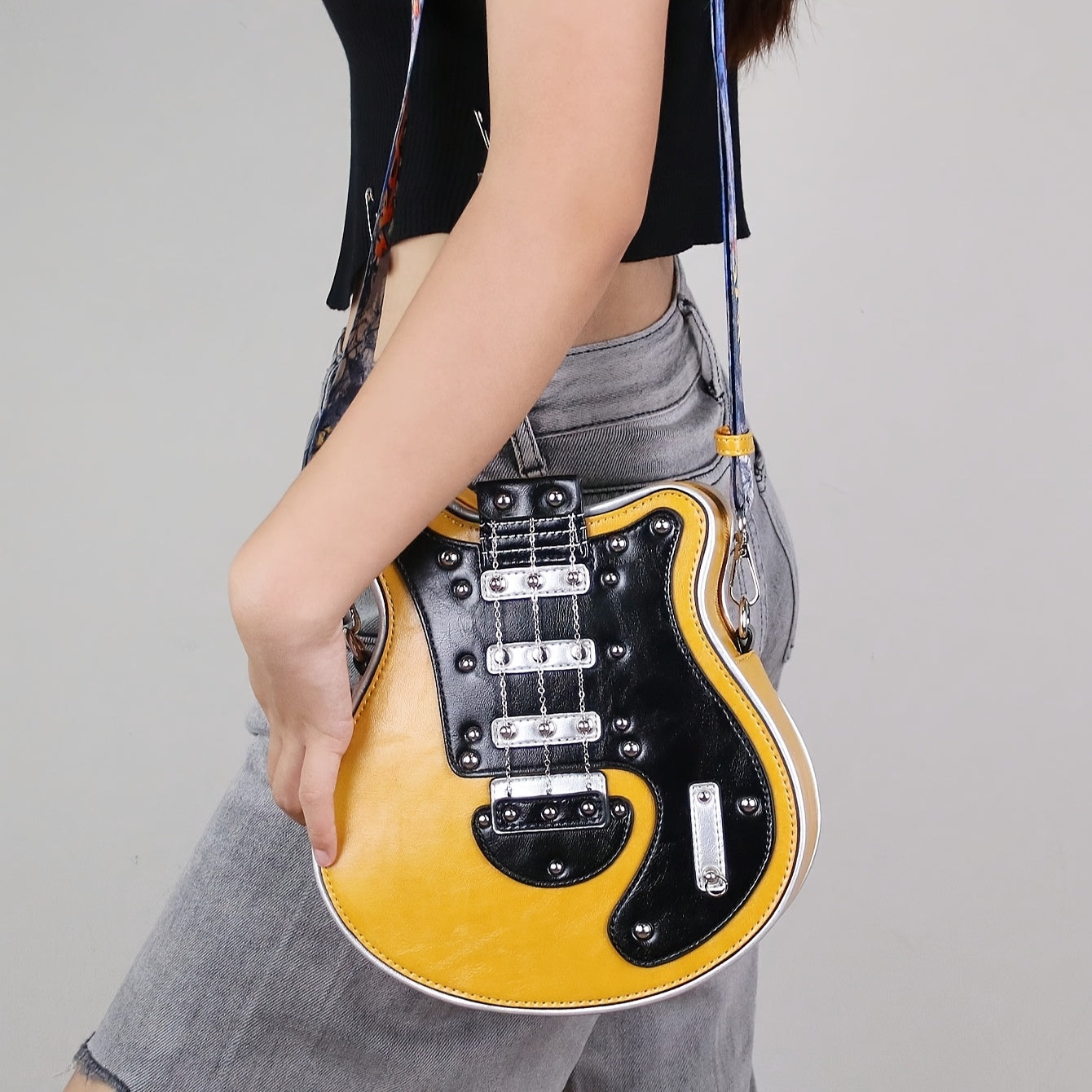 Vintage Guitar-Shaped Crossbody Bag - Stylish Y2K-Inspired Design, Trendy Chain Rivet Accents, Wide Adjustable Strap, Fashionable with Spacious Interior and Magnetic Closure
