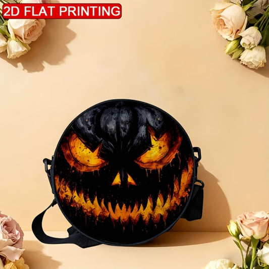 A Women'S Shoulder Bag Featuring a Glowing Pumpkin Head Design with an Evil Spirit Theme, Made with 2D Printing. It Includes an Adjustable Strap, a Zipper Closure, And Is Styled As a Casual Crossbody Bag