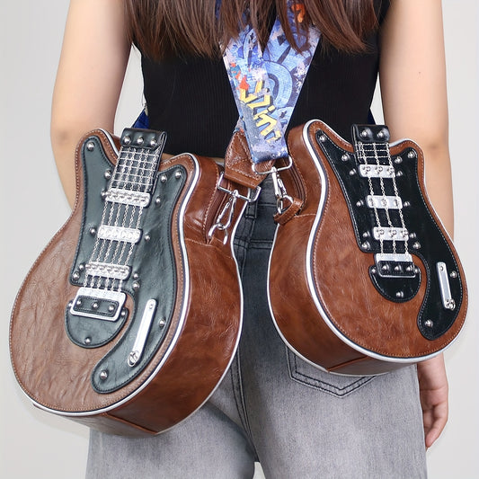Vintage Guitar-Shaped Crossbody Bag - Stylish Y2K-Inspired Design, Trendy Chain Rivet Accents, Wide Adjustable Strap, Fashionable with Spacious Interior and Magnetic Closure