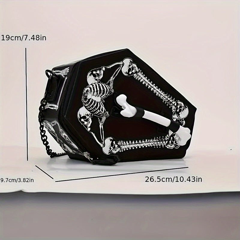 Trendy Gothic Punk Skull Crossbody Bag -with Zipper Closure, Detachable Chain Strap & Nylon Lining