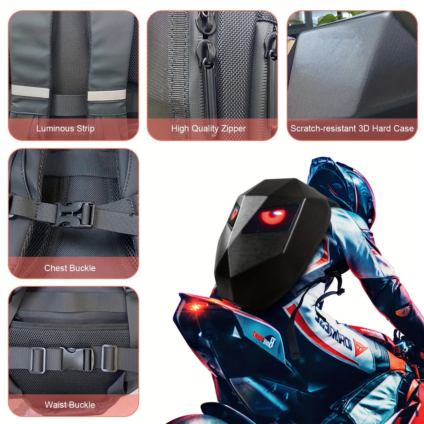 LED Knight Motorcycle Backpack - Water-Resistant with 3D Hard Shell Design