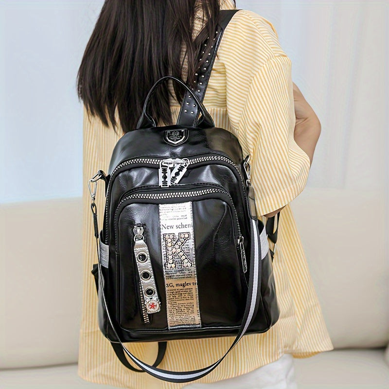 Multi-Function Backpack Casual Large Capacity PU Leather with Polyester Lining, Stylish Streetwear Convertible Shoulder Bag with Zipper Closure