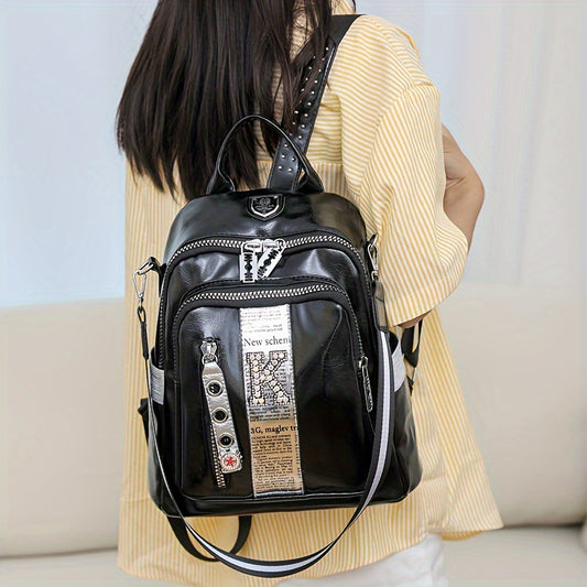 Multi-Function Backpack Casual Large Capacity PU Leather with Polyester Lining, Stylish Streetwear Convertible Shoulder Bag with Zipper Closure