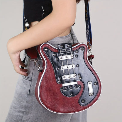 Vintage Guitar-Shaped Crossbody Bag - Stylish Y2K-Inspired Design, Trendy Chain Rivet Accents, Wide Adjustable Strap, Fashionable with Spacious Interior and Magnetic Closure