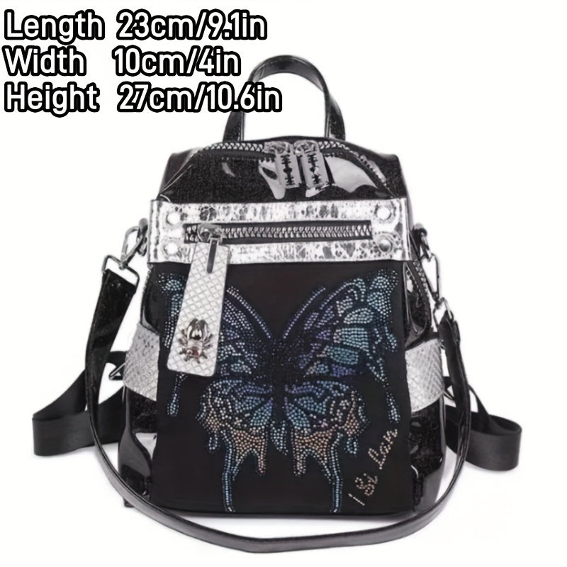 Fashion Butterfly Rhinestone Backpack- Faux Leather, Zip Closure, Adjustable Straps, Multi-Pocket Design