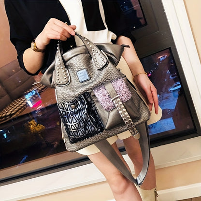 Fashion PU Tote Handbag for Women - Elegant Black & Grey Crossbody Satchel with Studded Detail, Durable Polyester Lined, Adjustable Strap, Zip Closure, Versatile Multi-Pocket Design for Work, School, and Travel - Guangzhou Crafted