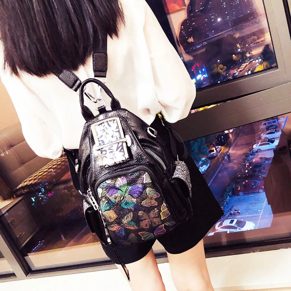 Genuine Leather Fashionable Backpack  Stylish Shiny Holographic Daypack