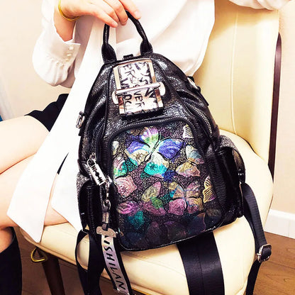 Genuine Leather Fashionable Backpack  Stylish Shiny Holographic Daypack