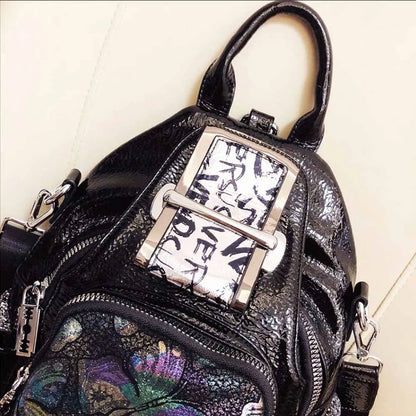 Genuine Leather Fashionable Backpack  Stylish Shiny Holographic Daypack