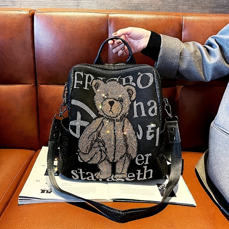 Chic Bear Rhinestone Glitter Backpack - Spacious, Anti-Theft with Adjustable Straps