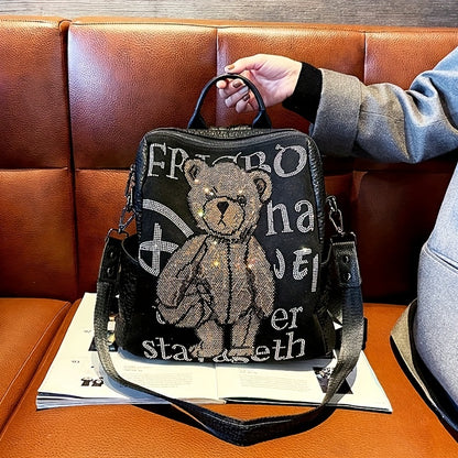 Chic Bear Rhinestone Glitter Backpack - Spacious, Anti-Theft with Adjustable Straps