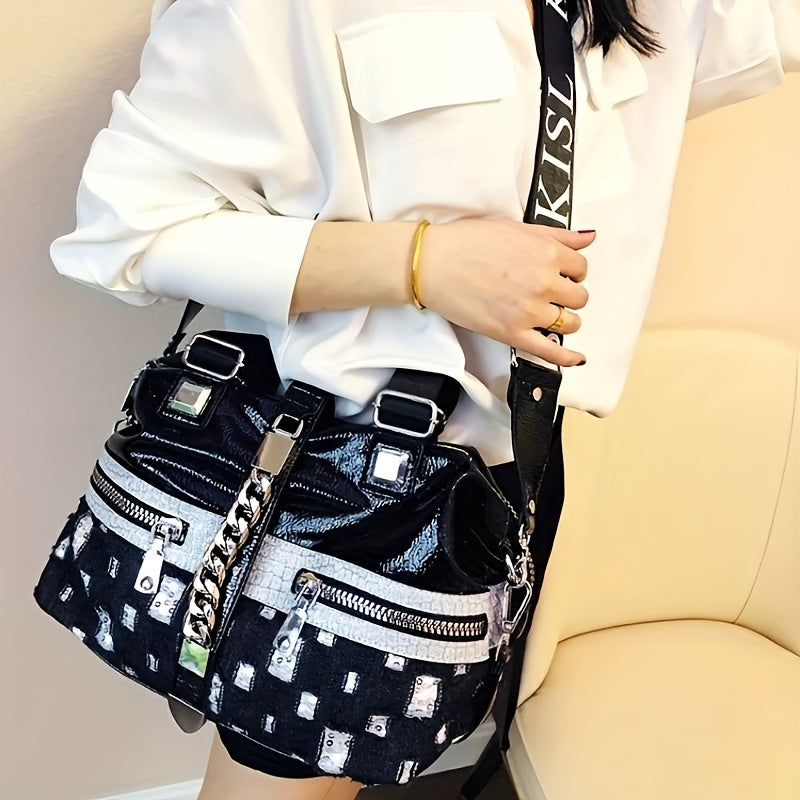 Large Capacity Chic Faux Leather Tote Bag - Stylish Denim-Inspired, Adjustable Strap, Spacious Interior, Ideal for Work, Travel, and Daily Essentials - Durable, Water-Resistant, and Versatile Handbag for Women