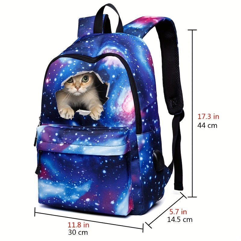 Adorable Cat & Starry Sky Backpack - Large Capacity, Ultra-Lightweight - Fashionable , Commuter Style