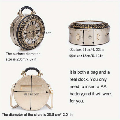 2025 New Creative Personalized Shoulder Bag - Classic Retro Clock Design, European & American Style Bag with Adjustable Strap, Durable, Zipper Closure, Polyester Lining, Vintage Accessory|Vintage Accessory Bag|Durable Bag