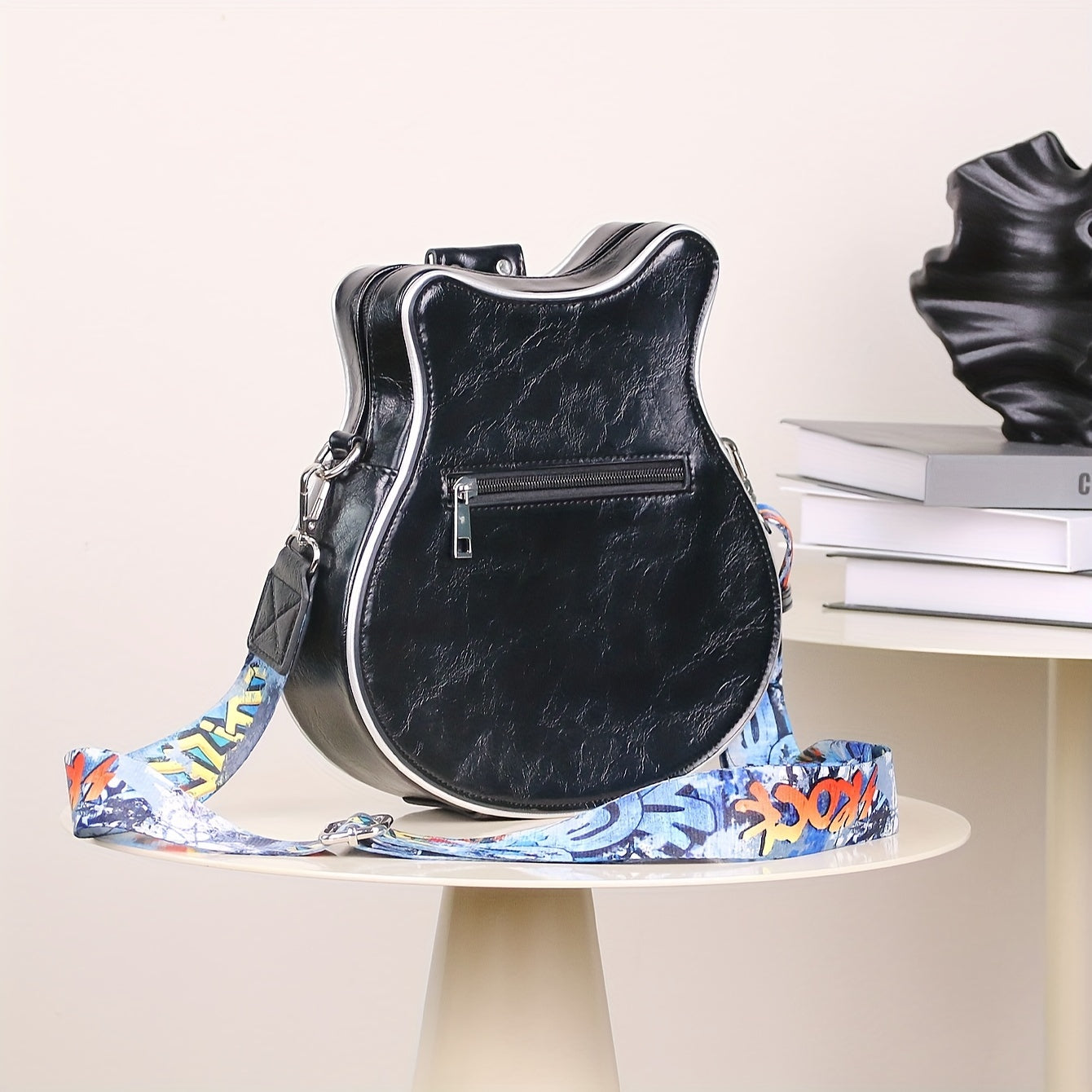 Vintage Guitar-Shaped Crossbody Bag - Stylish Y2K-Inspired Design, Trendy Chain Rivet Accents, Wide Adjustable Strap, Fashionable with Spacious Interior and Magnetic Closure